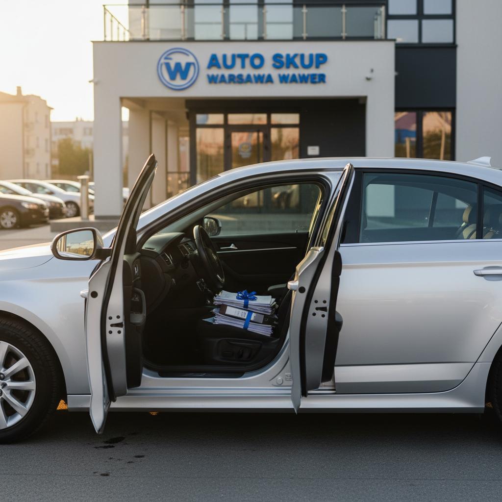 Samochód osobowy z otwartymi drzwiami i bagażnikiem, dokumenty na przednim siedzeniu, parking z logo Auto Skup Warszawa Wawer w tle.