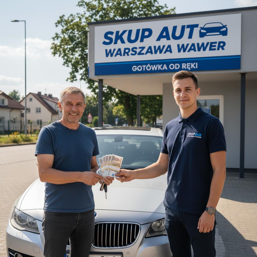 Osoba odbiera gotówkę od pracownika auto skupu obok punktu Skup Aut Warszawa Wawer, na tle logo firmy i zadbanego samochodu.
