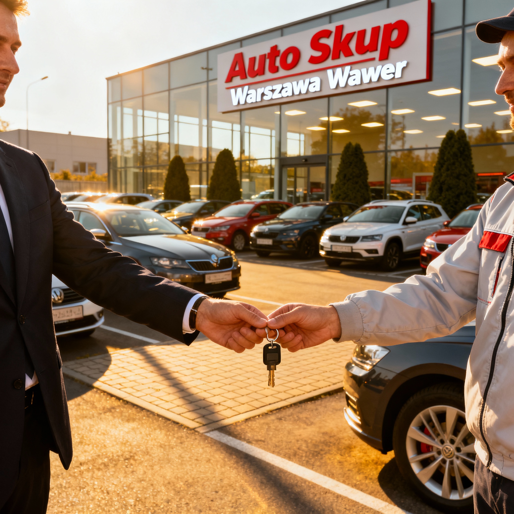 Sprzedający przekazuje kluczyki pracownikowi Auto Skupu Warszawa Wawer na nowoczesnym placu z wieloma samochodami w tle.