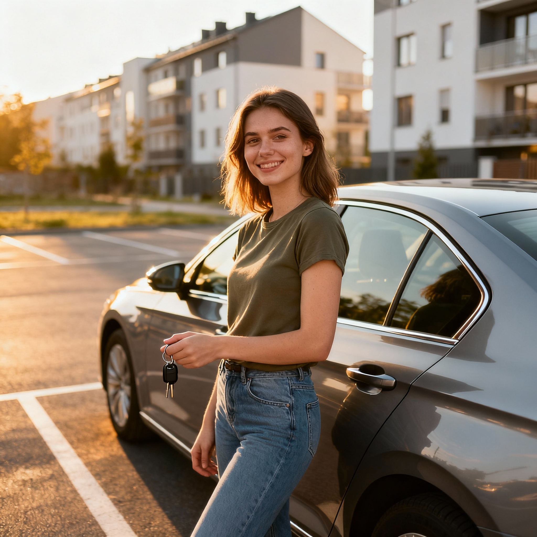 Kobieta w casualowym stroju trzymająca kluczyki do samochodu na parkingu w Warszawie Wawer, uśmiechnięta po szybkiej sprzedaży auta w skupie samochodów – skup aut Warszawa, gotówka za auto, wycena samochodu, szybka sprzedaż auta