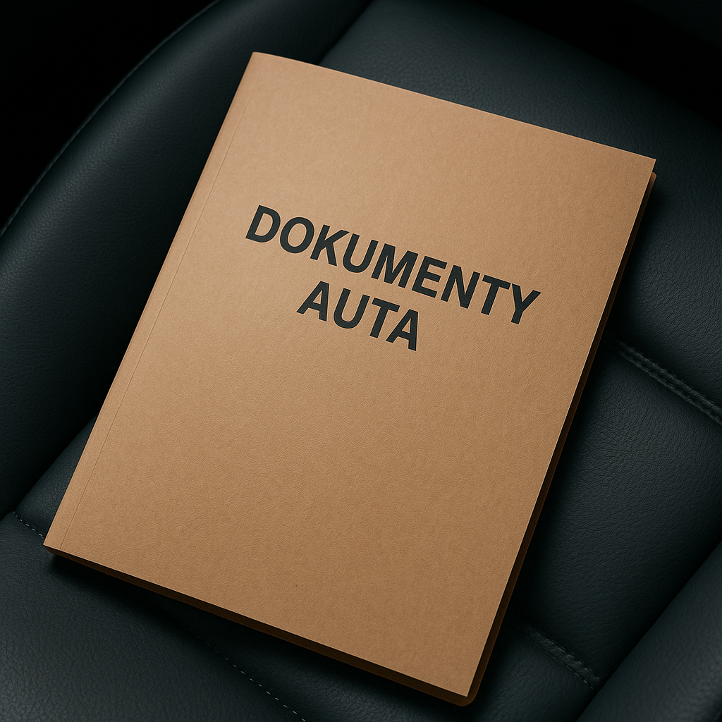 Fotorealistyczne zdjęcie teczki z napisem „DOKUMENTY AUTA” leżącej na czarnym, skórzanym siedzeniu samochodu. Teczka symbolizuje przygotowanie niezbędnych dokumentów do sprzedaży auta w auto skupie.