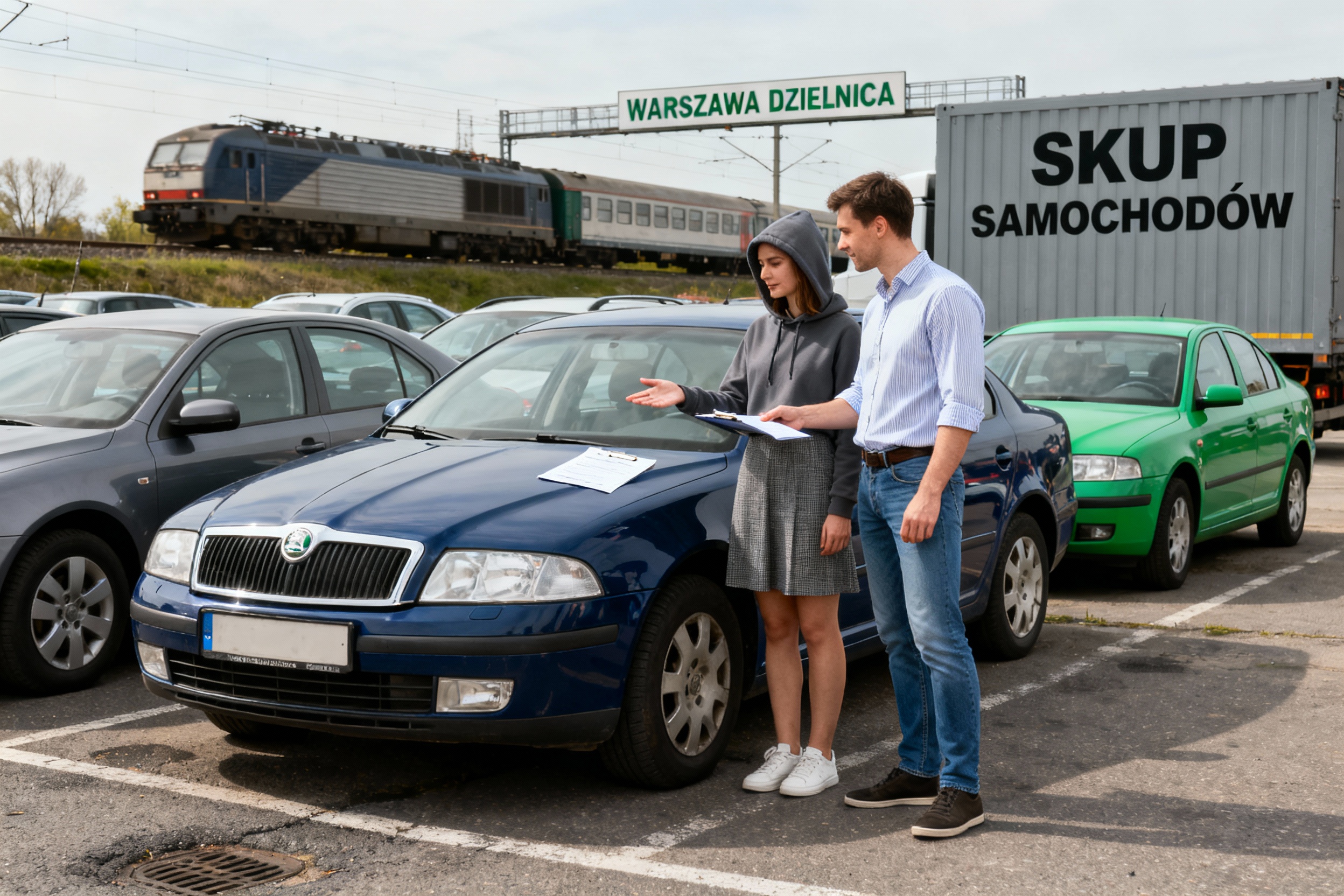 Para w smart casual dokonuje wyceny samochodu poleasingowego na parkingu na Wawrze w Warszawie, pracownik skupu aut omawia cenę ze sprzedającym.