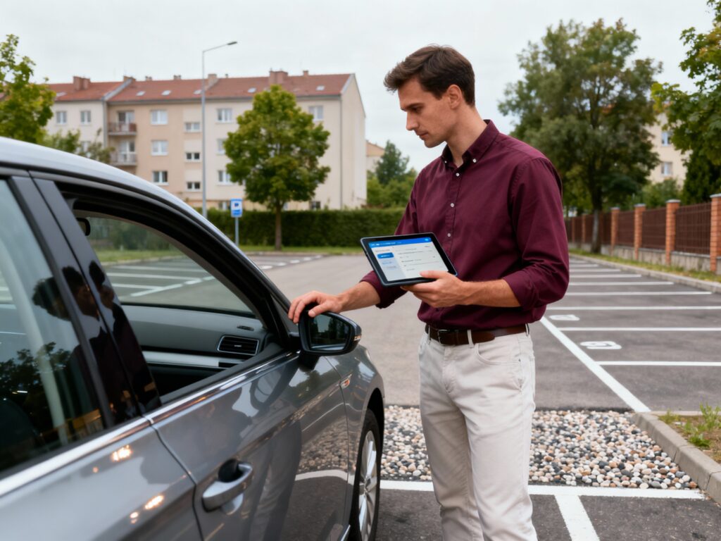 Pracownik lokalnego skupu samochodów w Warszawie dokładnie ogląda używany samochód klienta na parkingu osiedlowym, przygotowując wycenę i oferując szybka sprzedaż auta.