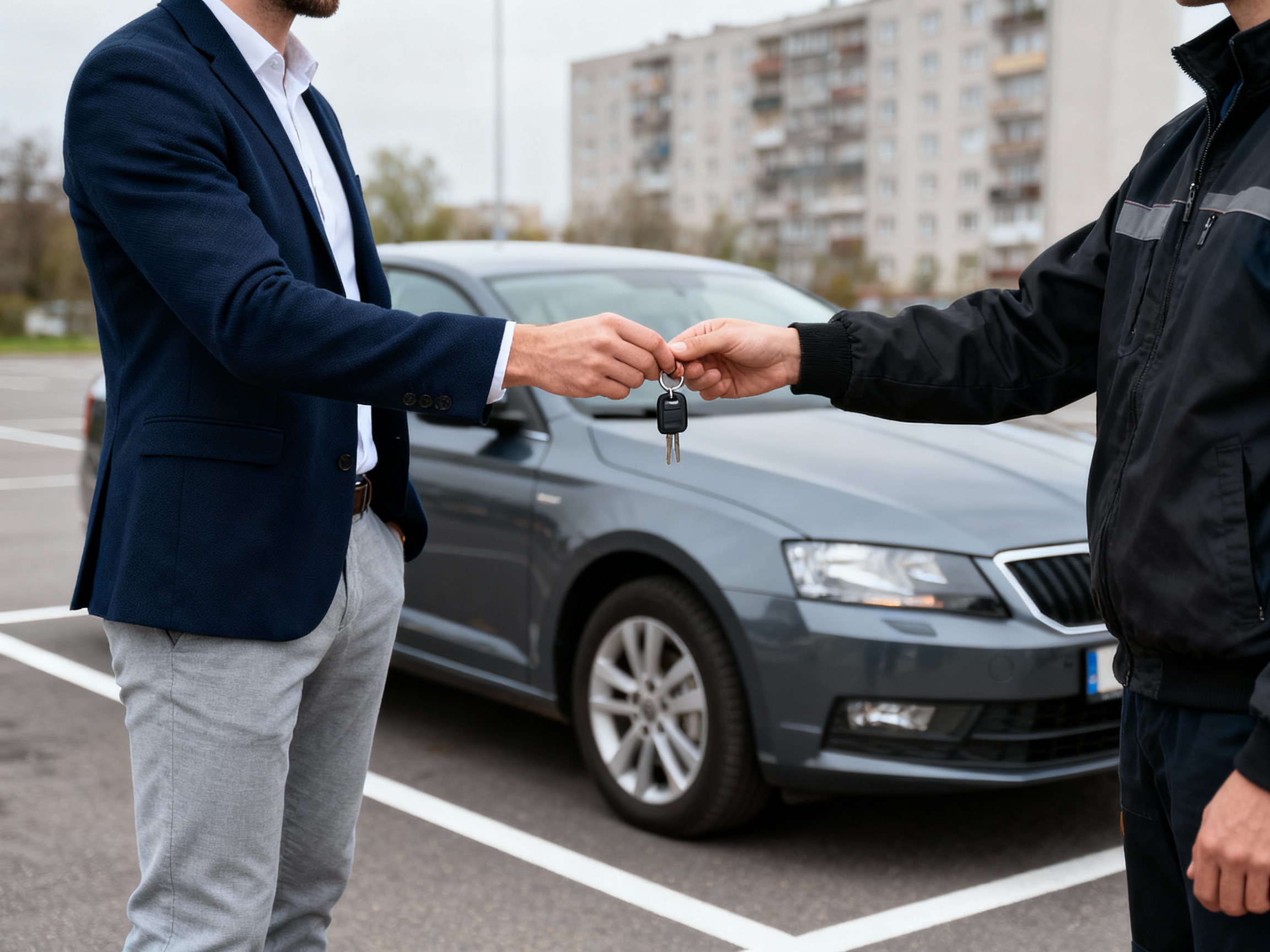 Przekazywanie kluczyków pracownikowi lokalnego skupu aut w Warszawie, szybka sprzedaż auta, legalny skup aut używanych i powypadkowych, wycena samochodu i gotówka za auto na miejscu.