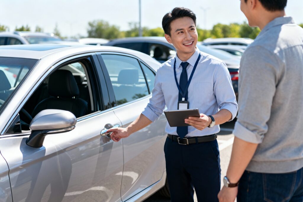 Rzeczoznawca auto skupu przeprowadza profesjonalną wycenę samochodu w Warszawie, omawiając stan techniczny z klientem.