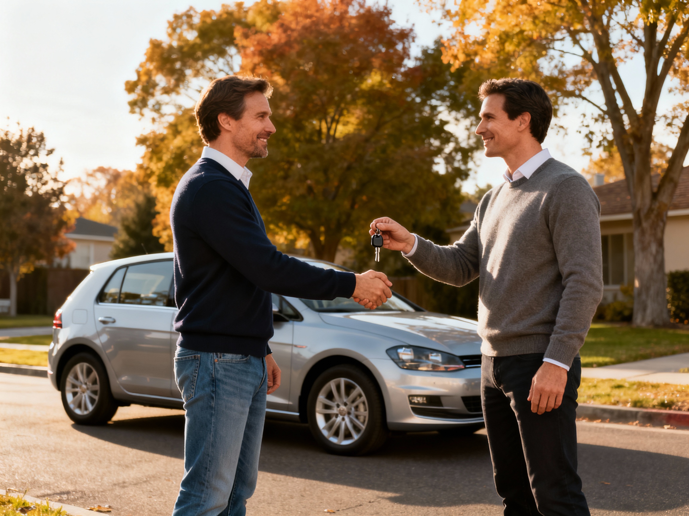 Mężczyźni w strojach smart casual finalizują transakcję sprzedaży srebrnego auta, podając sobie ręce i przekazując kluczyki na tle spokojnej dzielnicy.