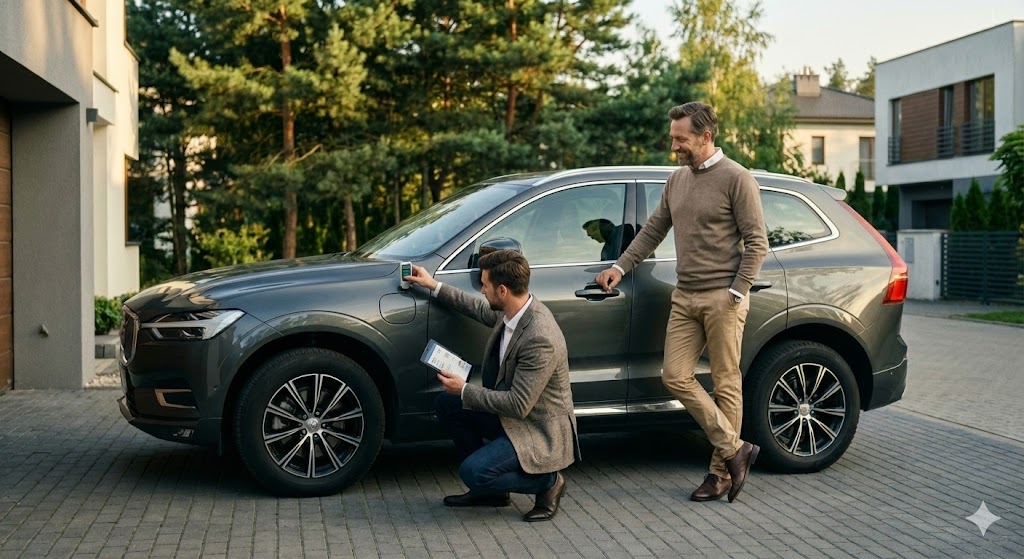 Pracownik skupu aut w Warszawie dokonuje profesjonalnych oględzin Volvo XC60 na podjeździe klienta w Wawrze, używając miernika lakieru i tabletu do wyceny.