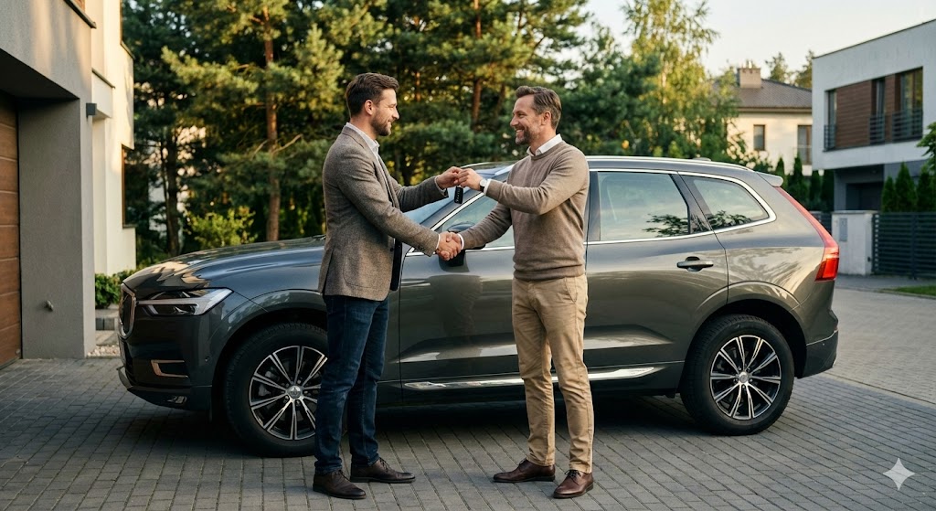 Profesjonalny skup aut Warszawa Wawer, uścisk dłoni po udanej transakcji sprzedaży SUV-a Volvo, przekazanie kluczyków, szybka wycena i dojazd do klienta, styl smart casual.