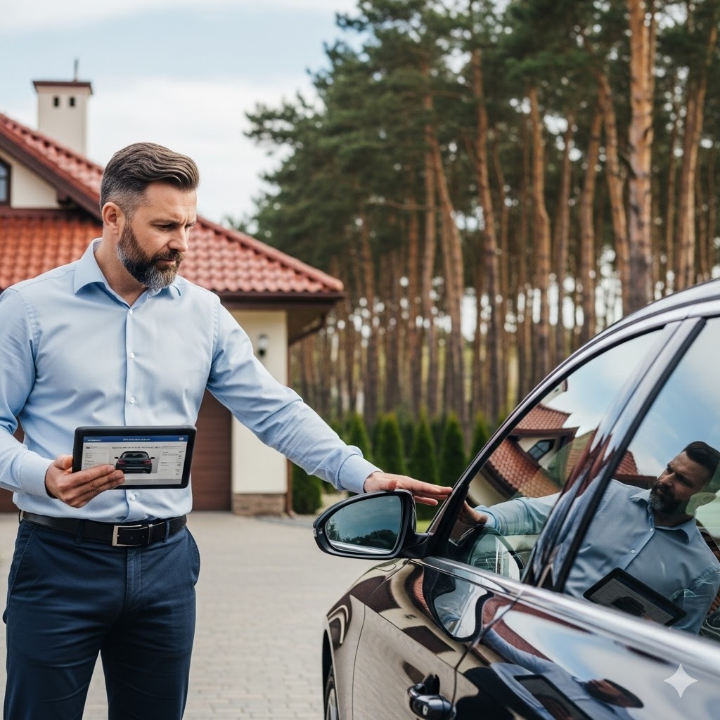 Rzeczoznawca samochodowy z tabletem dokonujący szczegółowych oględzin auta na prywatnej posesji wśród sosen w dzielnicy Wawer (Falenica, Radość).