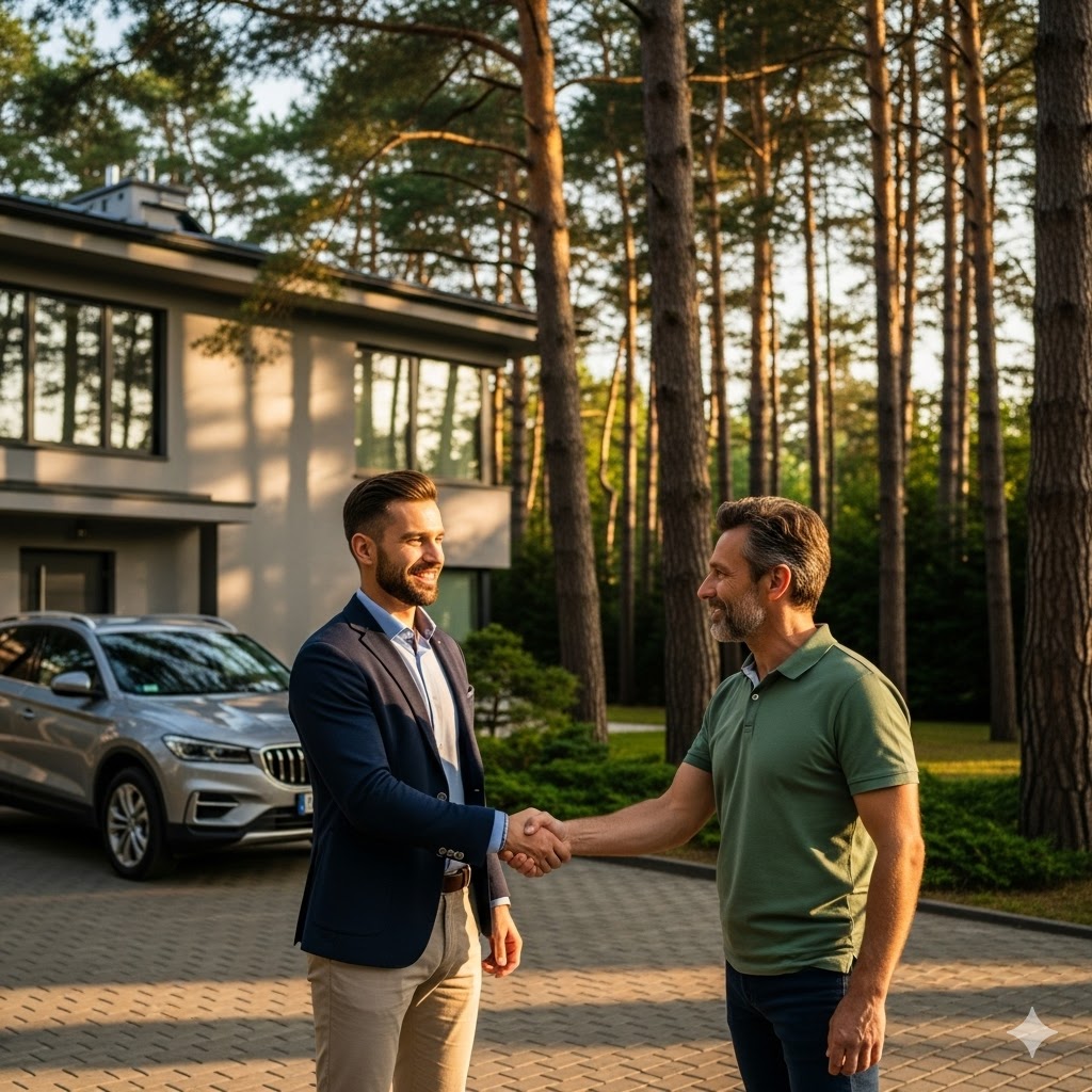 Zadowolony właściciel sprzedaje srebrnego SUV-a przedstawicielowi skupu aut na prywatnej posesji wśród sosen w Wawrze (Falenica/Radość). Uścisk dłoni, słoneczne popołudnie.