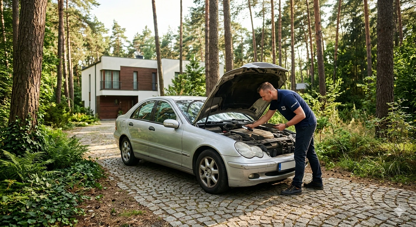 Odkup starych aut Wawer: rzeczoznawca sprawdza auto na posesji.