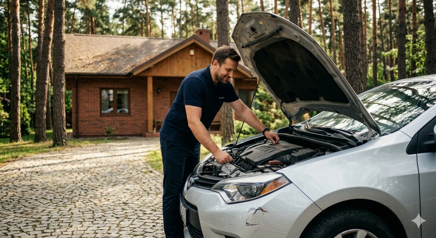 Wykwalifikowany pracownik Auto Skup Warszawa Wawer sprawdza silnik uszkodzonego auta na zalesionej posesji.