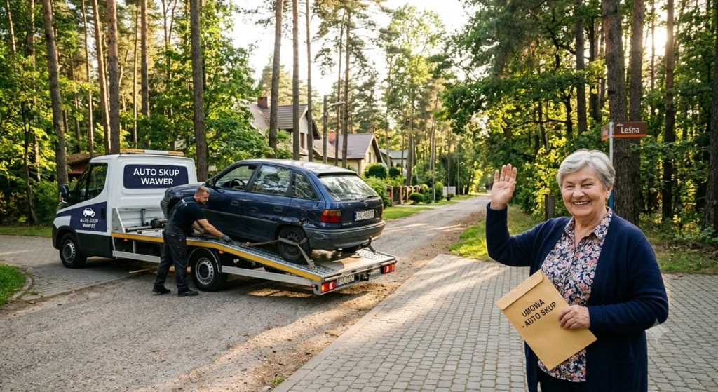 Zadowolona klientka z Wawra po sprzedaży auta. Laweta odbiera pojazd po wycenie z dojazdem.