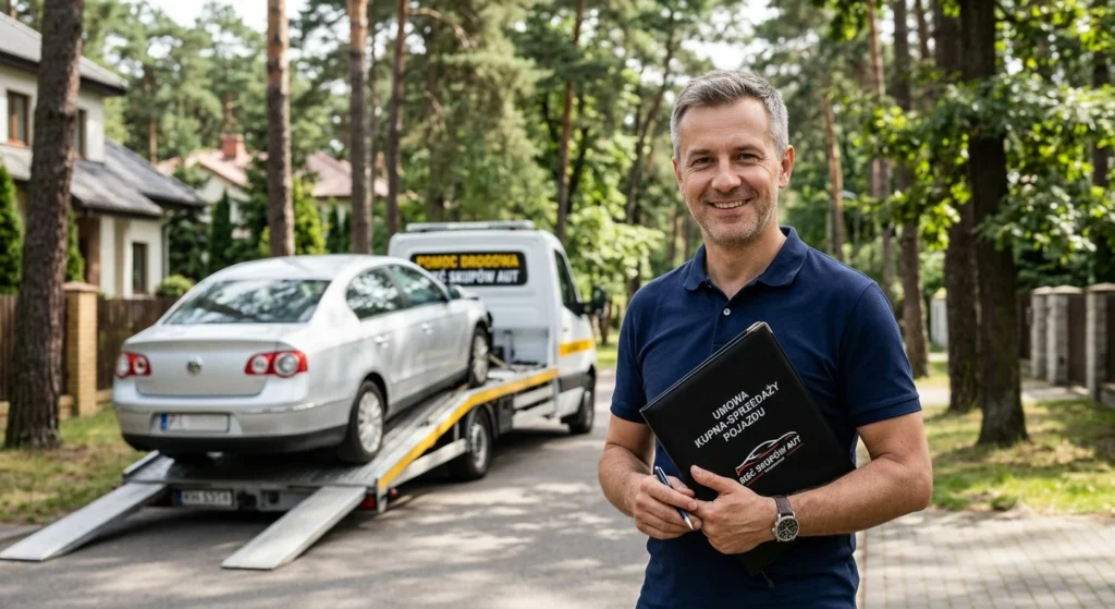 Klient trzyma umowę po sprzedaży w Auto Skup Warszawa Wawer. W tle laweta zabiera jego auto z posesji.