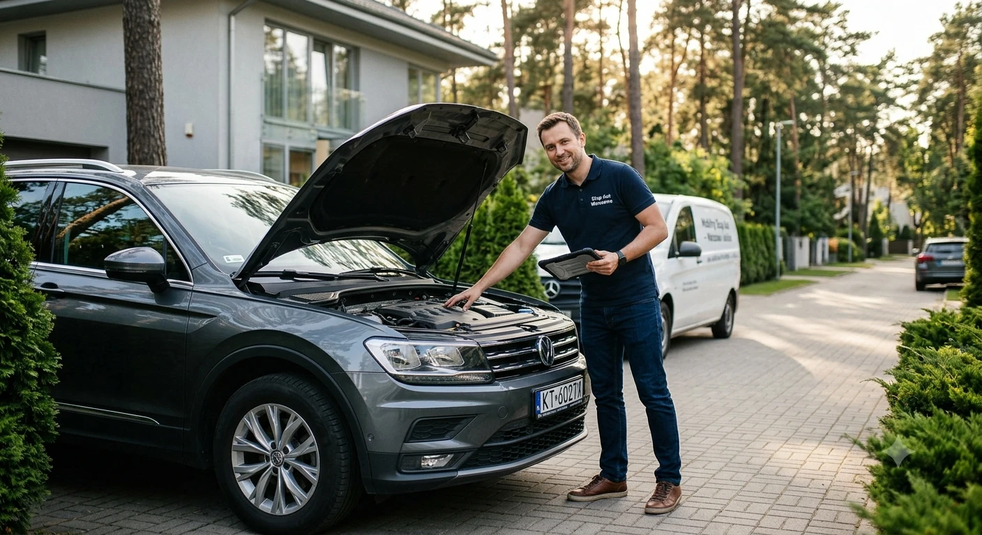 Rzeczoznawca z legalnego skupu aut Warszawa Wawer ogląda auto na zalesionej posesji. Obalamy mity.