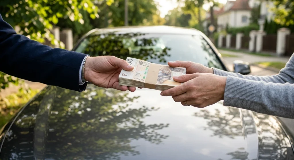 Wypłata gotówki za sprzedany samochód na masce auta w zielonej okolicy. Auto Skup Warszawa Wawer płaci od ręki.