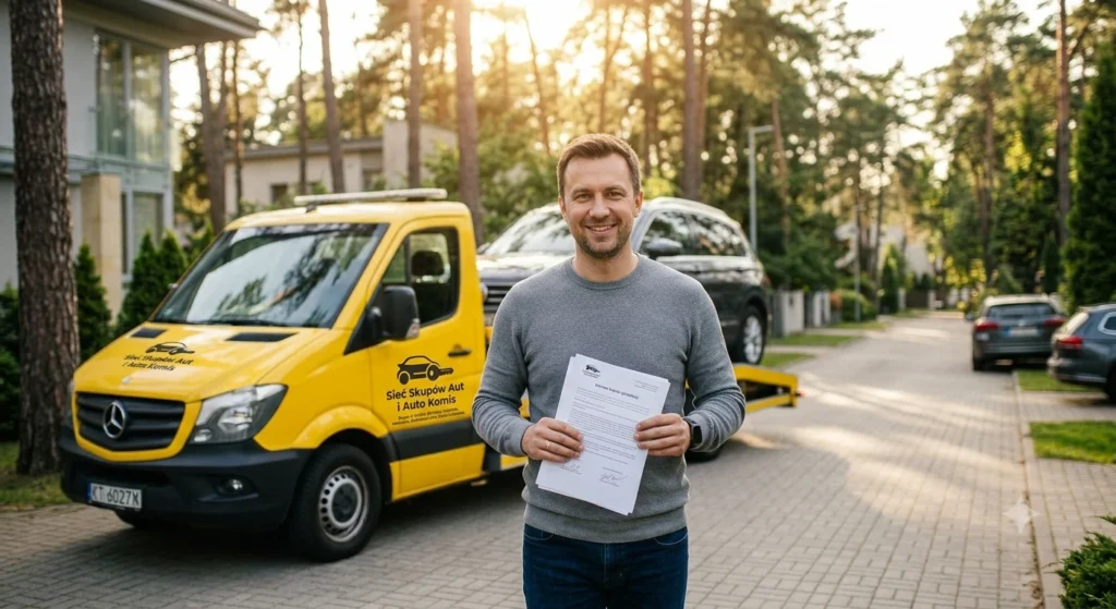 Zadowolony klient z umową od Auto Skup Warszawa Wawer, w tle auto na lawecie. Szybka gotówka to fakt! 