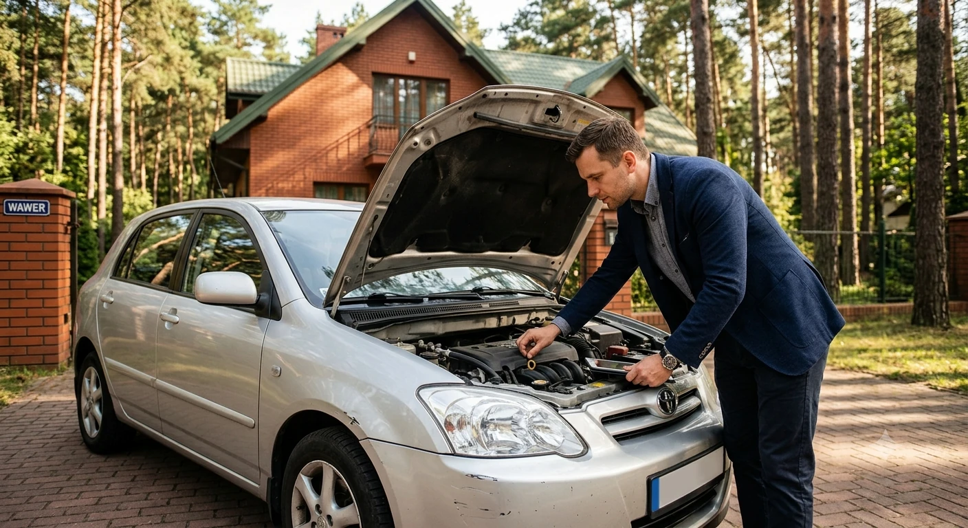 Rzeczoznawca ogląda uszkodzone auto na posesji, skup aut powypadkowych Warszawa Wawer.