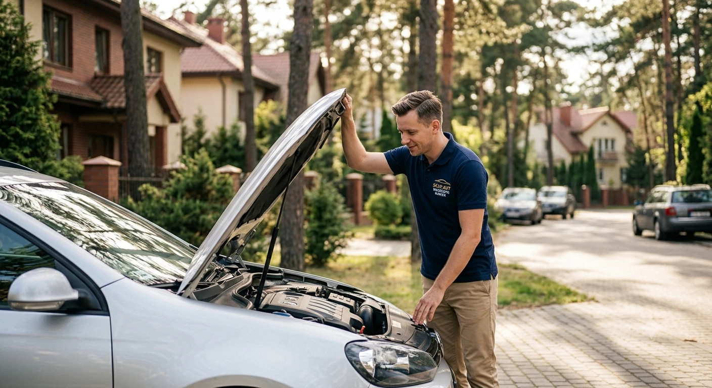 Rzeczoznawca Auto Skup Warszawa Wawer ogląda samochód klienta pod domem przed sprzedażą i formalnościami.