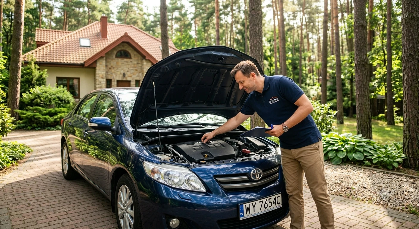 Rzeczoznawca Auto Skup Warszawa Wawer wycenia samochód na posesji w Międzylesiu.