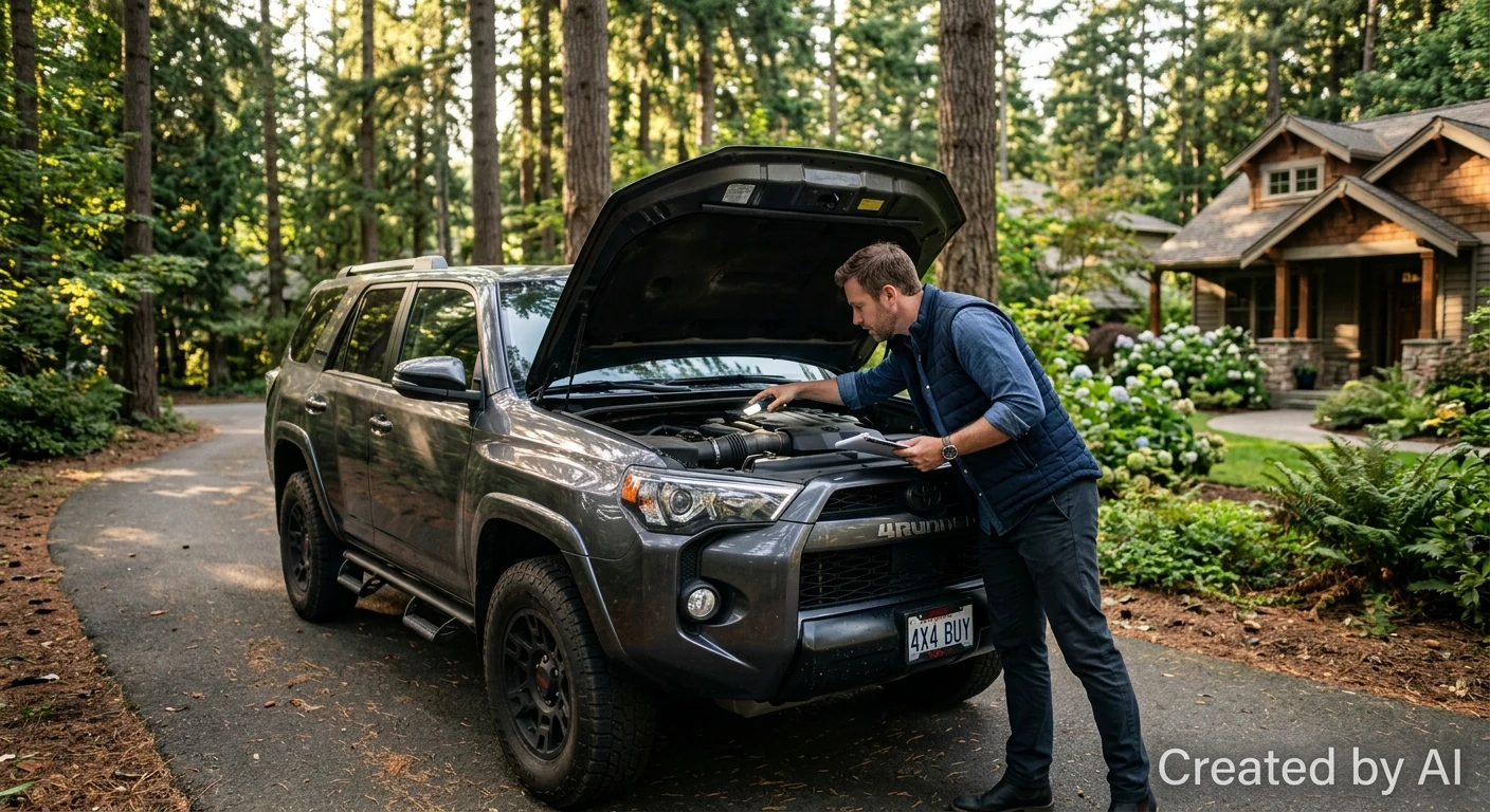 Ekspert ze skupu samochodów 4x4 ogląda silnik SUV-a w Wawrze.