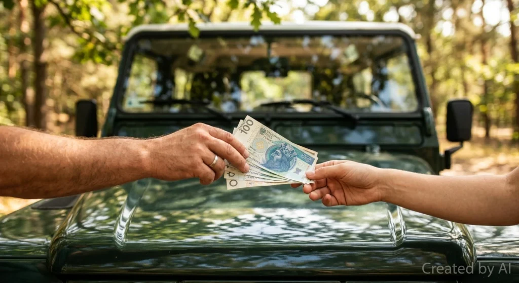 Przekazanie gotówki na masce samochodu terenowego w Wawrze.