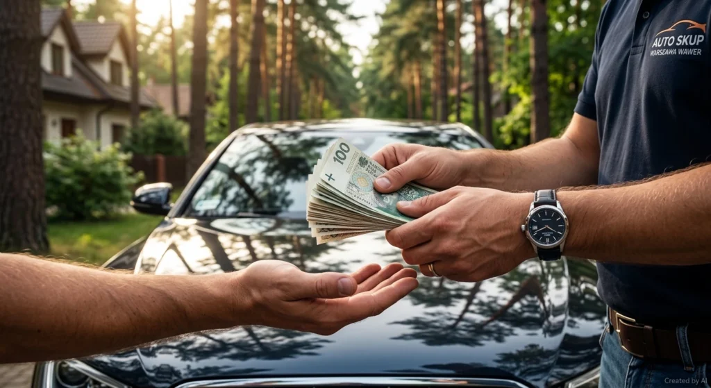 Czy skup kupi samochód z uszkodzoną automatyczną skrzynią biegów? | Przekazanie gotówki do ręki na masce auta, skup samochodów Warszawa Wawer.