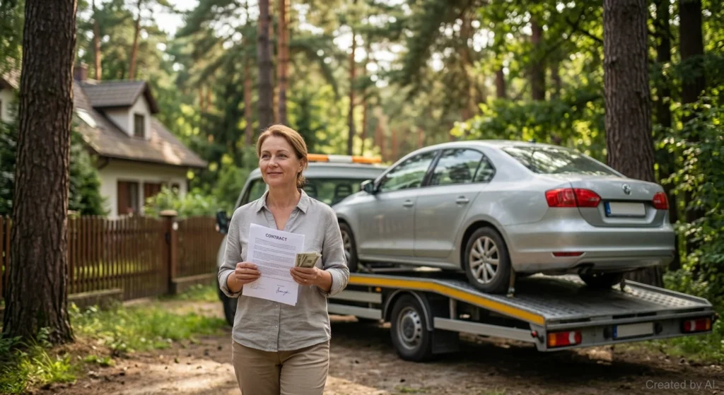 Czy skup kupi samochód z uszkodzoną automatyczną skrzynią biegów? | Zadowolona klientka odchodzi z gotówką, w tle auto na lawecie skupu Warszawa Wawer.