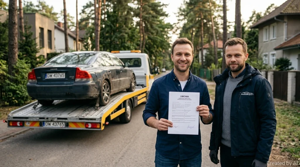 Auto po zalaniu lub podtopieniu – czy można je sprzedać do skupu w Wawrze? Kompleksowy przewodnik dla właścicieli | Zadowolony klient z umową sprzedaży zalanego auta, w tle darmowa laweta w dzielnicy Warszawa Wawer.